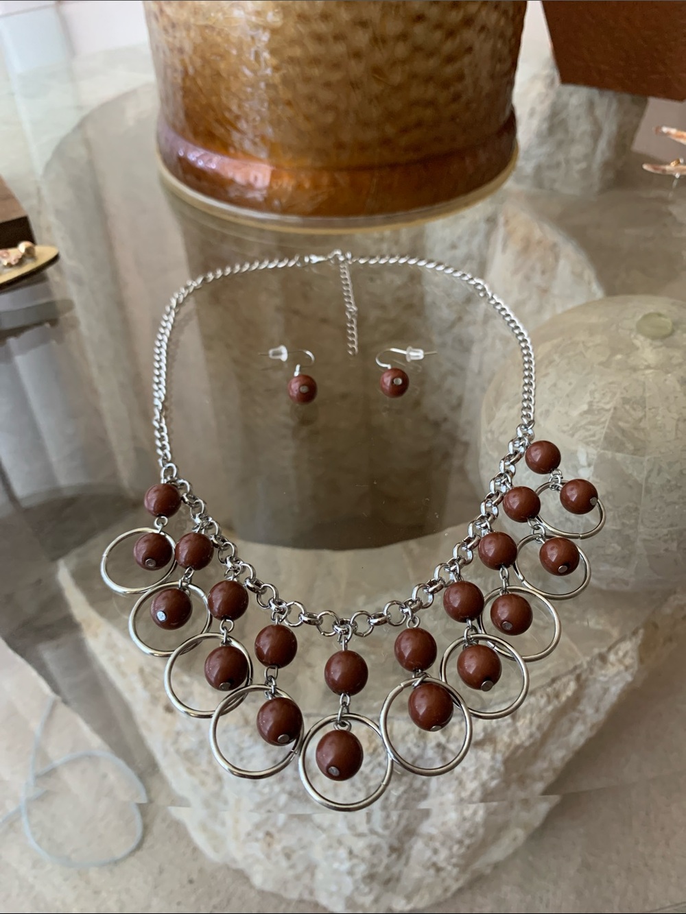 Brown Bead Statement Necklace & Earring Set